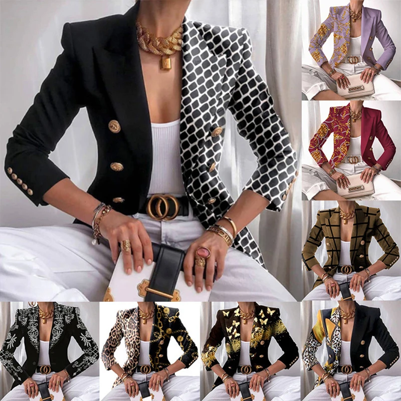 

2021 Women's Fashion Autumn Short Suit Office Lady Elegant Asymmetry Print Coat Casual Lapel Long Sleeve Casual Slim Jacket