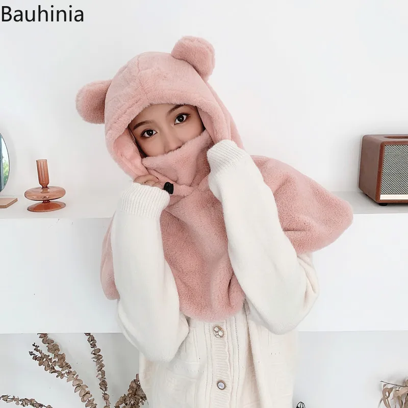 

Bauhinia Faux Fur Hat Winter Women's Thick Warm Slouchy Beanies Caps Kpop Style Hooded Shawl All-match Hats