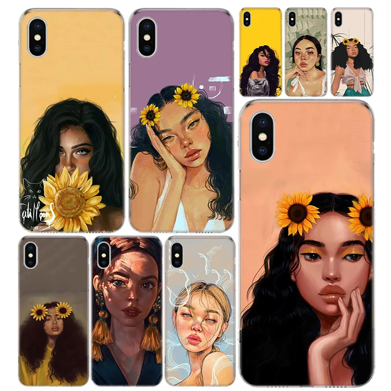 

Sunflower girl Phone Case Cover For iPhone 13 11 Pro 12 Mini 7 8 6 6S Plus + XR X XS MAX SE 5 5S Art Customized Coque Cover