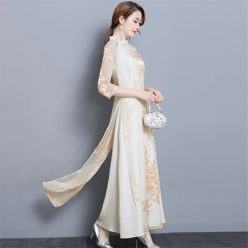Женское традиционное платье Ципао элегантное с цветочным принтом из Вьетнама