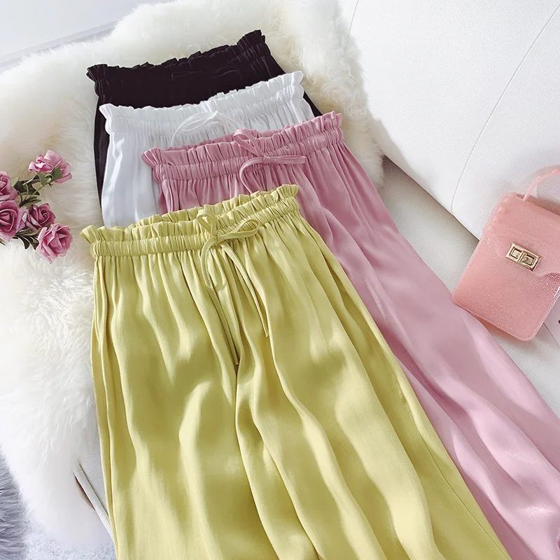 Брюки женские свободные на шнурках шелковые сатиновые прямые летние с высокой