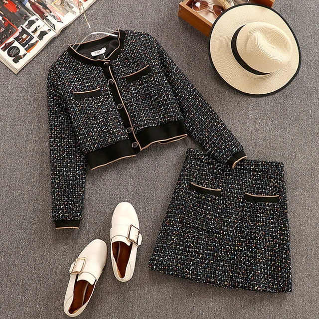 1588Tweed Vefinear, Осень-зима, сексуальные клетчатые топы и мини-платья, комплект из 2 предметов, на пуговицах, открытая облегающая юбка и свитер, комплект из двух предметов - Цвет: 1588Tweed