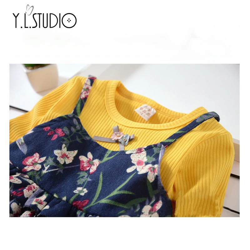 

Spring Autumn Fashion Knitted Dress For Toddler Girls 2 IN 1 Long Sleeves Flower Printed Kids Girls Dress