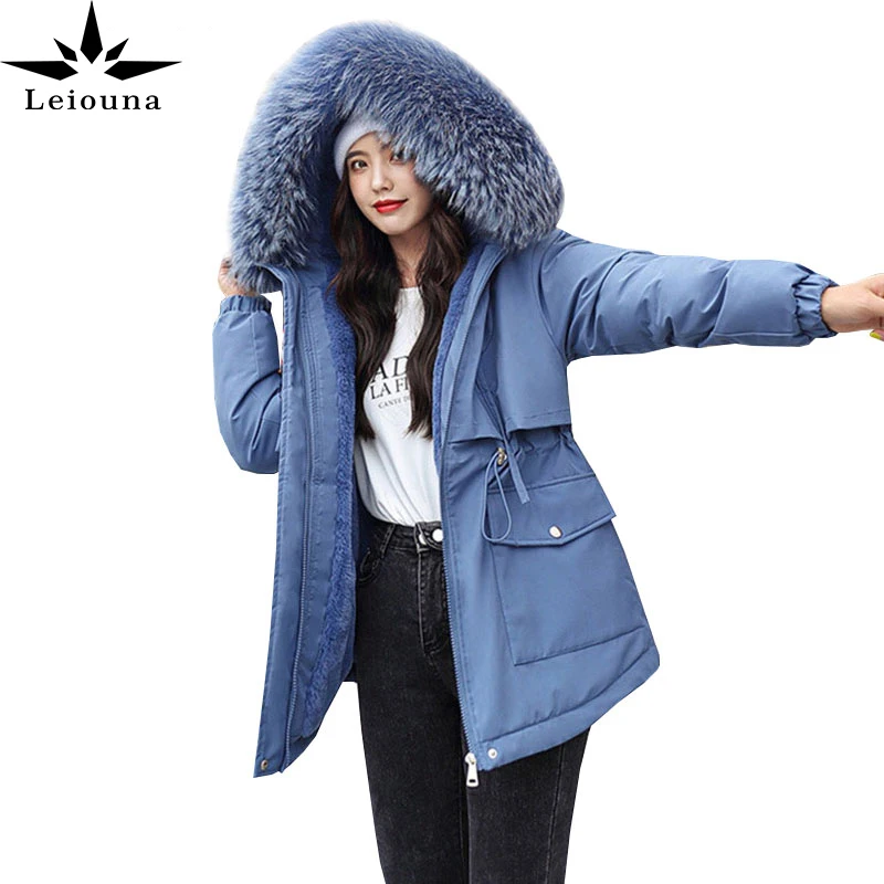 

Женская короткая зимняя куртка Leiouna, однотонная Толстая парка с большим меховым воротником и капюшоном, пуховик из хлопка