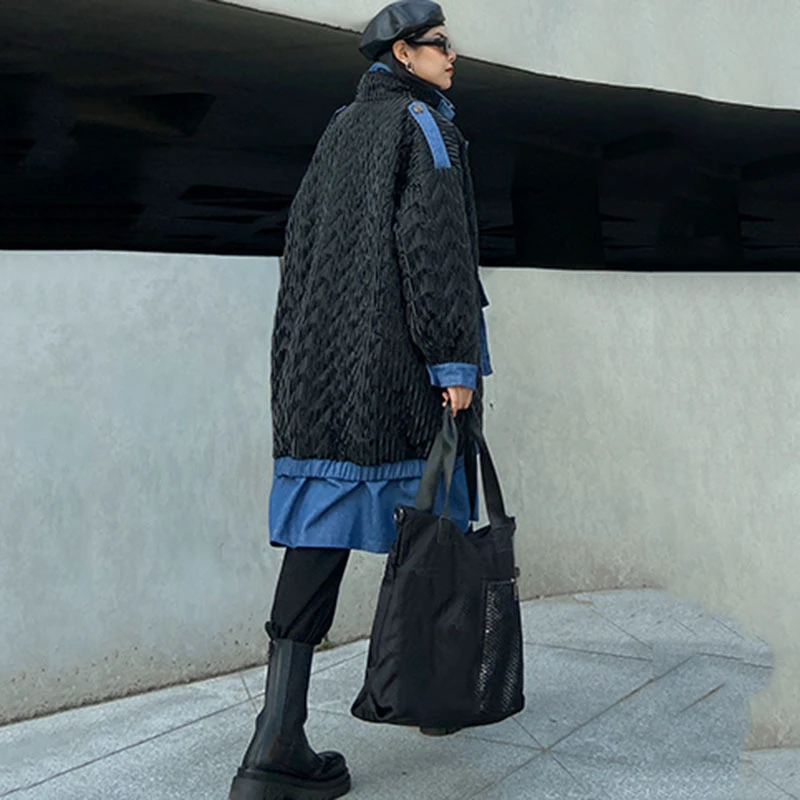 

SeeBeautiful Stitching Denim Large Size Thick Coat Clothes Stand Long Sleeve Zipper Pockets New Fashion Spring 2021 Women M415