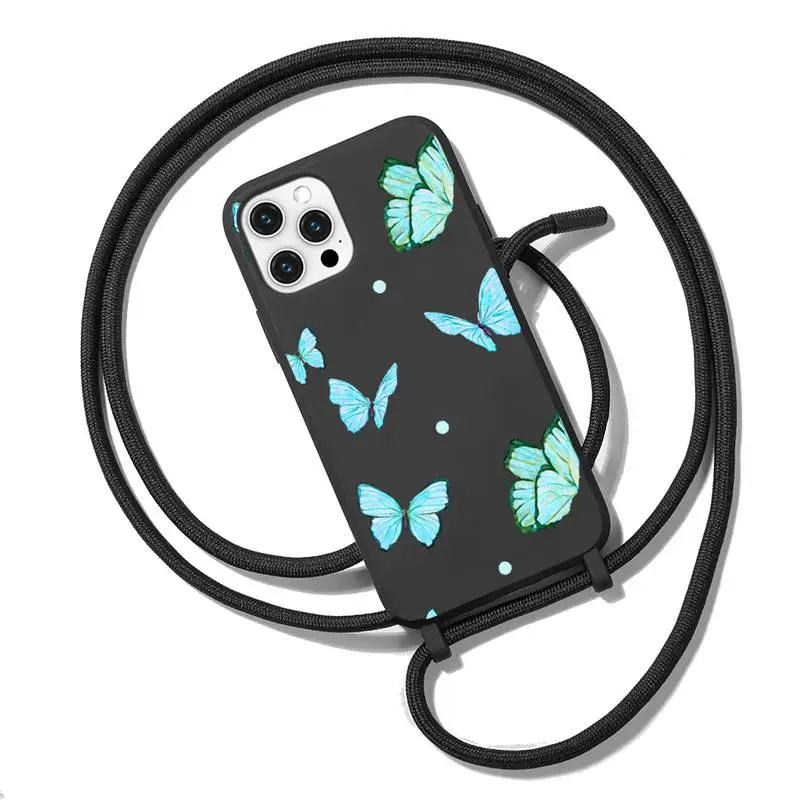 

cute sexy butterfly pink blue Phone Case Necklace Lanyard for iPhone 12 11 8 7 se 2020 mini pro X XS XR MAX Plus