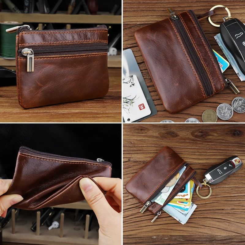 Handmade Genuine Leather Coin Purse Retro Portable Women Wallet Mini Credit Card Holder Zipper Bag Small Child Change Purse