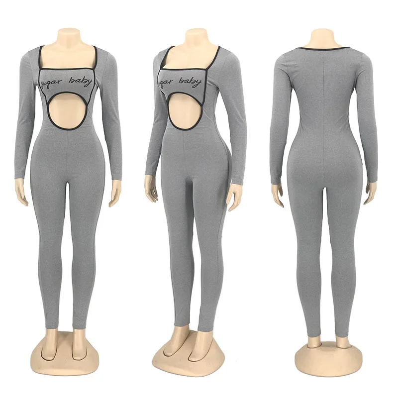 

ANJAMANOR Suger Baby Letter Print Sport Jumpsuit Women Sexy Hollow Out Long Sleeve Bodycon Tracksuit Fall Winter 2020 D6-CH29