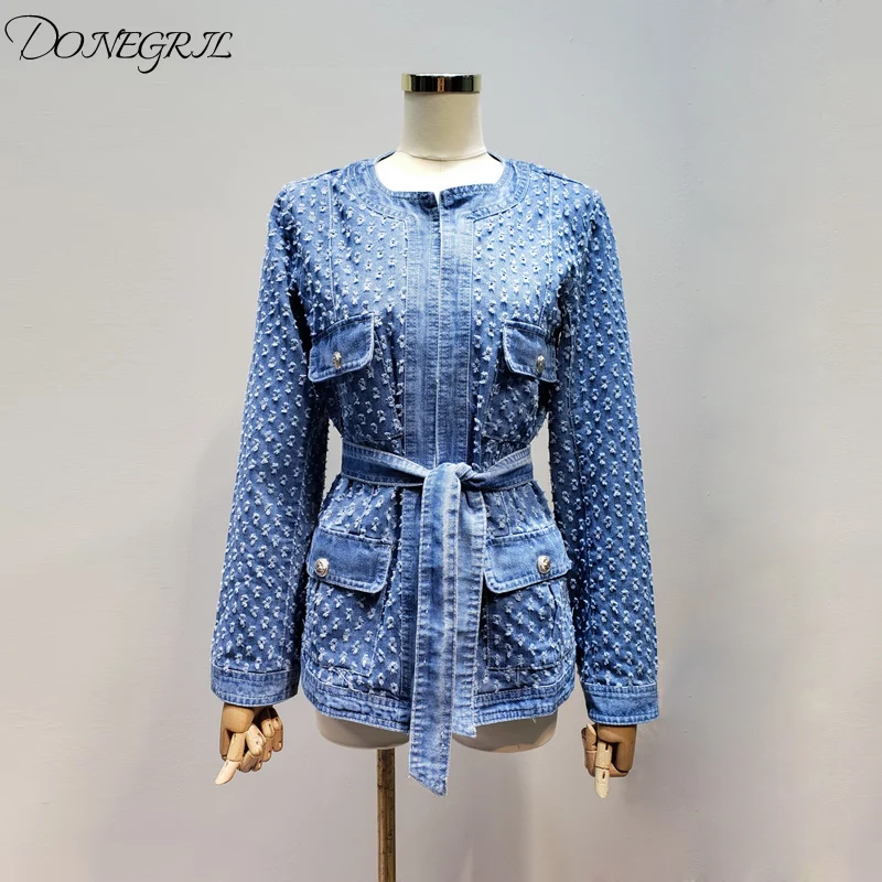 Женская джинсовая куртка с длинным рукавом круглым вырезом|Женские куртки| |