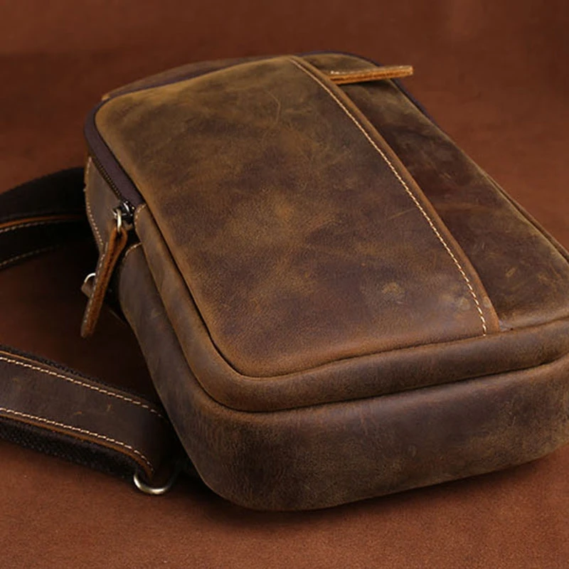 Hand-Made Crazy Horse Genuine Leather Casual Sling Chest Pack Men Crossbody Shoulder Bag Men'S Cowhide Messenger |