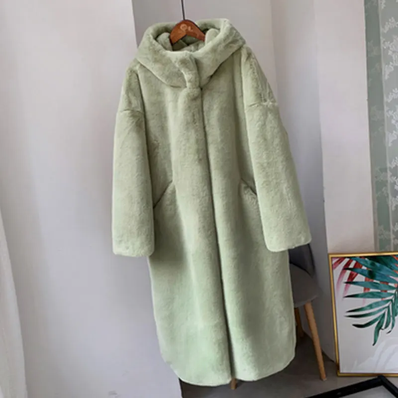 pea green Зимнее женское меховое пальто однотонного цвета размера плюс, теплое длинное пальто из кроличьего меха, женская верхняя одежда с отворотом, брендовая Толстая куртка 402 - Цвет: pea green