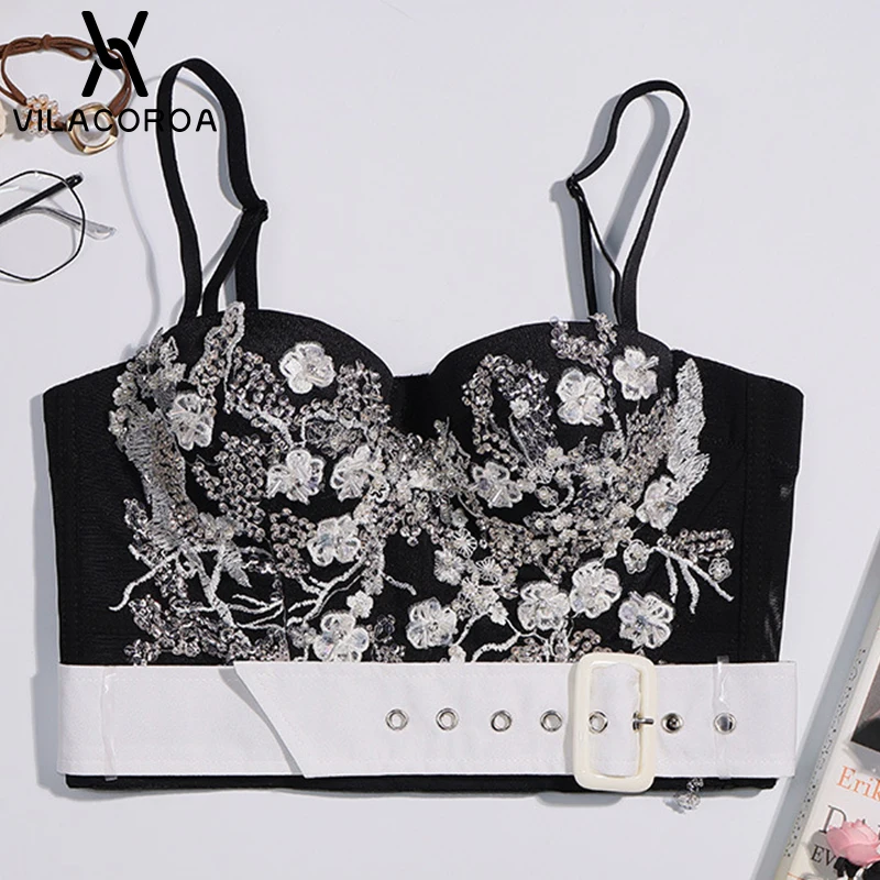Camisoles Tube Top Beaded Sequins Women Corset Top Belt Stitching Embroidery Sling Top Vest Vintage Sexy Skinny Female Crop Top