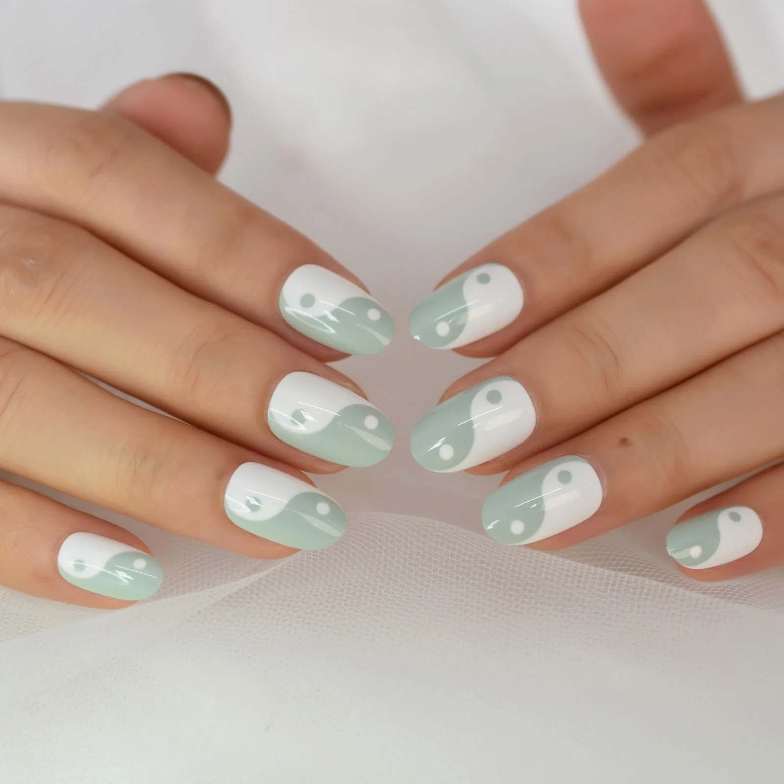 

Tai Chi Two Meter White Light Green Press On Full Cover Nail Tips Supplies For Professionals Almond Medium Short Chinese Style
