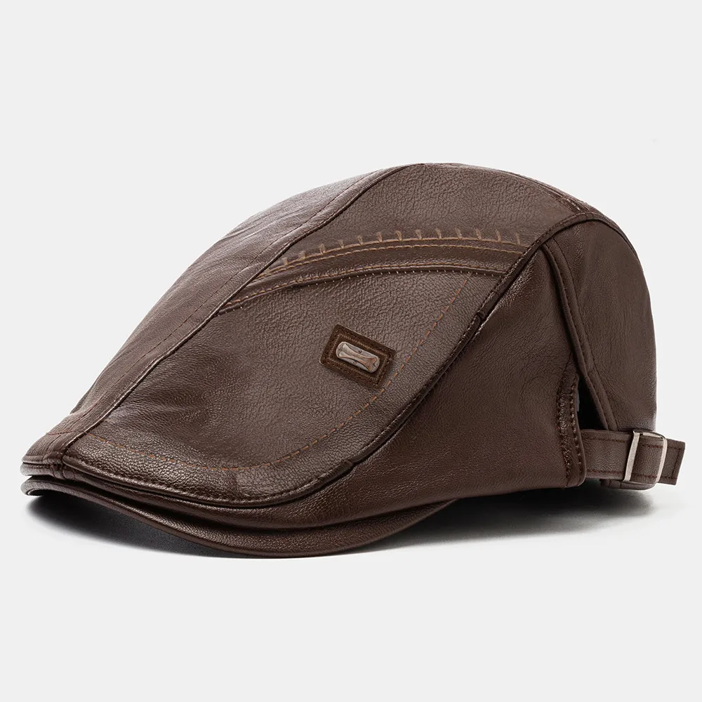 

Top Level Men PU Leather Retro Solid Color Casual Visor Sun Hat Forward Caps Beret Man Hats Fshion Warm Comfort Spring Winter