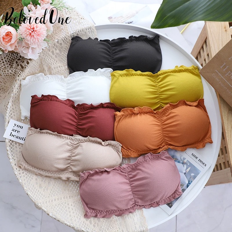 

Women Strapless Bra Female Lingerie Underwear One-Piece Invisible Ruffles Bralette Gathered Wireless Tops Bandeau Seamless Bras