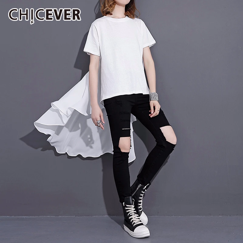 

CHICEVER Women's T-shirts Short Sleeve O Neck Patchwork Chiffon Loose White Long Tops Female Oversize 2020 Casual Fashion