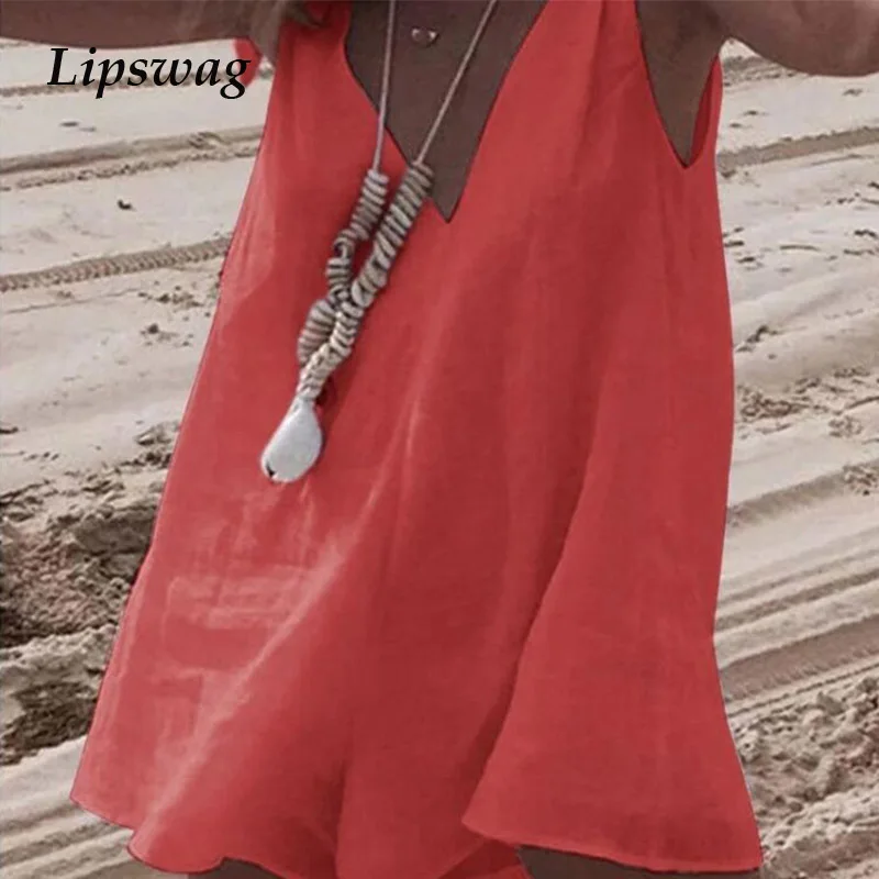 

Summer Sexy Deep V-Neck Jumpsuit Women Casual Sleeveless Loose Beach Romper Female Vintage Solid Cotton Linen Playsuit Overalls