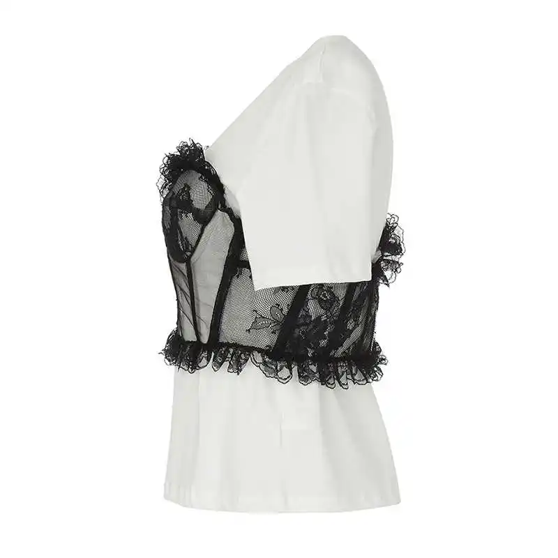 

DEAT 2021 New Women Fashion Slim Round Neck Short-sleeved Patchwork Lace Zipper Crocheted Cotton Top Summer And Autumn 7E7051