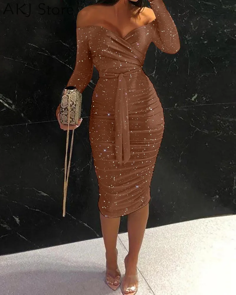 

Sexy Brown Glitter Off Shoulder Tie Front Ruched Bodycon Dress