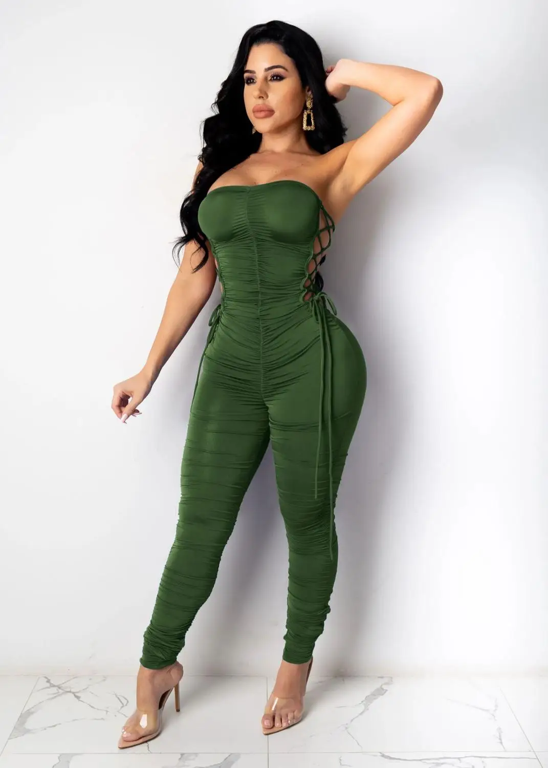 

Sexy Strapelss Women Jumpsuit Bodysuit Crosss Bandage PleateParty Night Clubwear Long Rompers Womens Jumpsuit Overalls