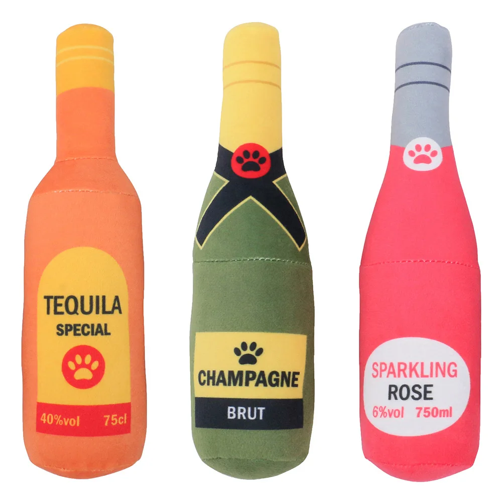 Dog Plush Toys Pet Squeaky Printed Champagne Tequila Bottle Shape Toy Dog Bite-Resistant Clean Teeth Chew Toy Pet Supplies