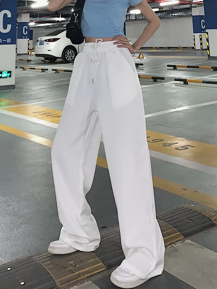 

Dark Icon Solid Color Wide Leg Opening Women Pants Full Length Elastic Waist Korean Style Plain Pants Boy Girl Students