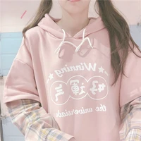 qweek japanese harajuku soft girl fake two piece sweatshirt hoodies women kawaii pink patchwork long sleeve letter cute clothes