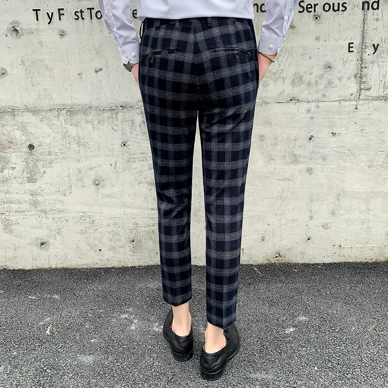 Брюки для костюма летние мужские тонкие клетчатые брюки модные Стрейчевые