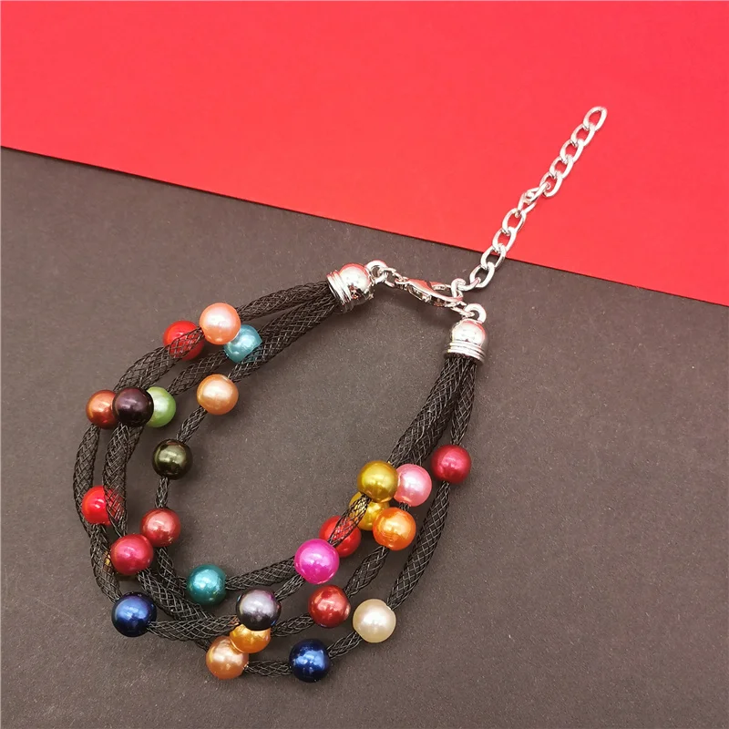 

Marliwoo New Multicolor Pearl Bracelets Women Festival Gift Handmade Jewelry Fashion Black Mesh Charm Bangles Adjustable Chain