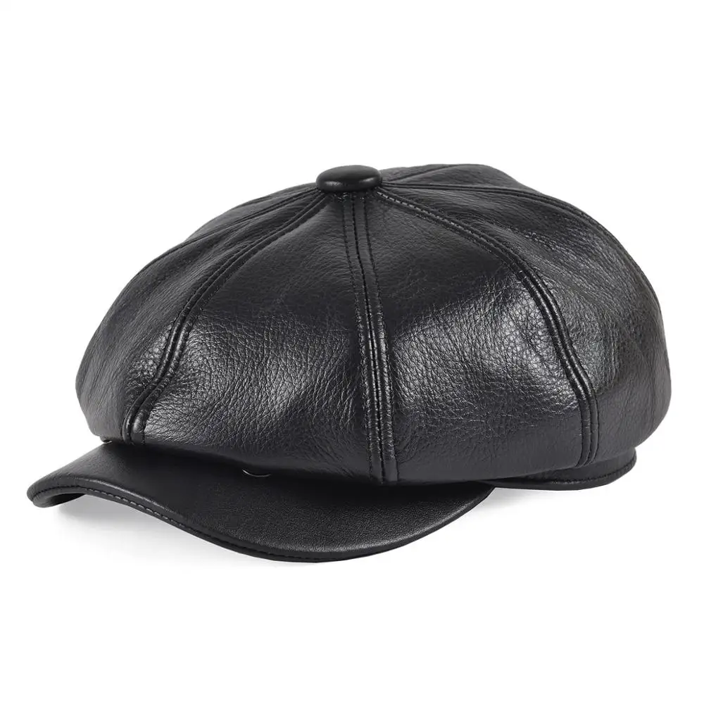 

VOBOOM Genuine Leather Newsboy Cap Men Women Flat Cap Black 8 Panel Design Gatsby Hat Classic Beret Fall Winter Boina 115