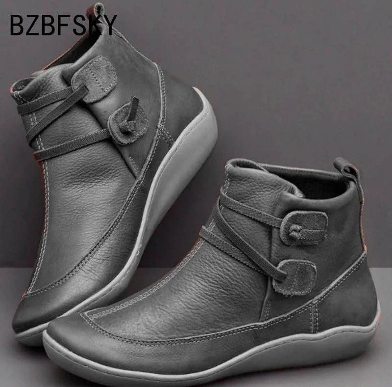 gray 2 Женские зимние ботинки из искусственной кожи; весенние ботильоны на плоской подошве; женские короткие коричневые ботинки на меху; женские ботинки на шнуровке; Botas Mujer - Цвет: gray 2