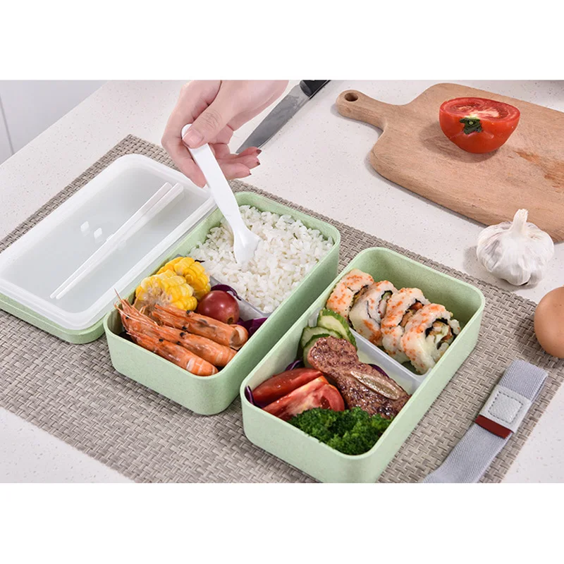 

1200ml Double Layer Wheat Straw Lunch Box Microwave Safe With Chopsticks Spoon Lunch Bag Bolsa Termica Lancheira
