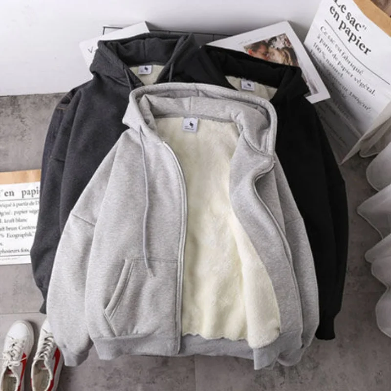 

Autumn and winter lamb wool hoodie women's loose plus velvet thickening zipper hoodie all-match casual cardigan top Y2K women's