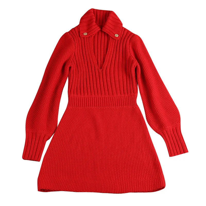 

Red Low V-neck Lapel Buttons Fashion Lantern Sleeve Wrap Sleeve Wool Knit Dress 2020