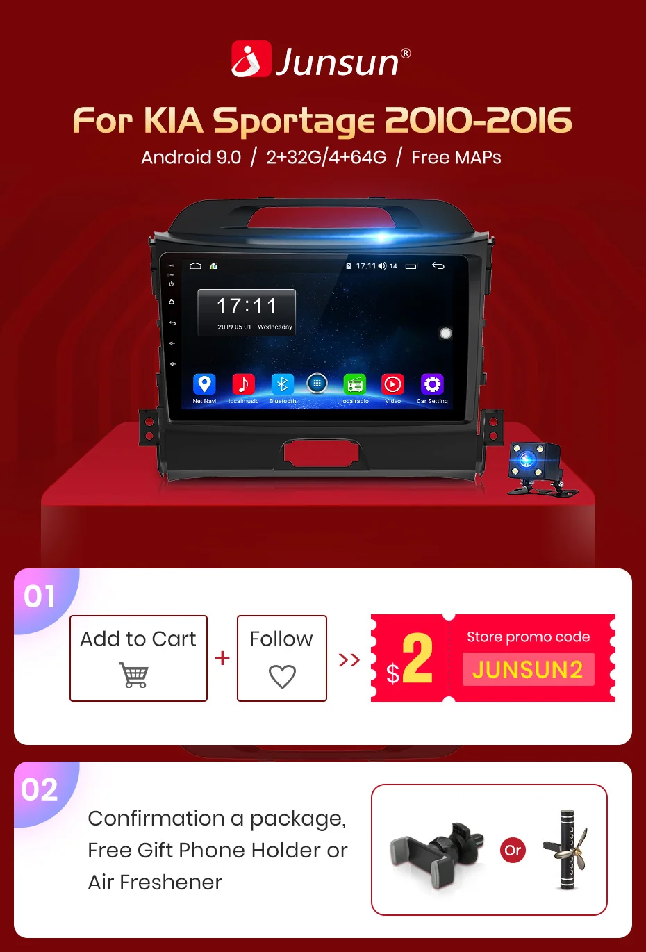 Junsun V1 2G+ 32G Android 9,0 DSP автомобильный Радио Мультимедиа Видео плеер навигация gps 2 din для KIA Sportage 3 2010 2011- без dvd