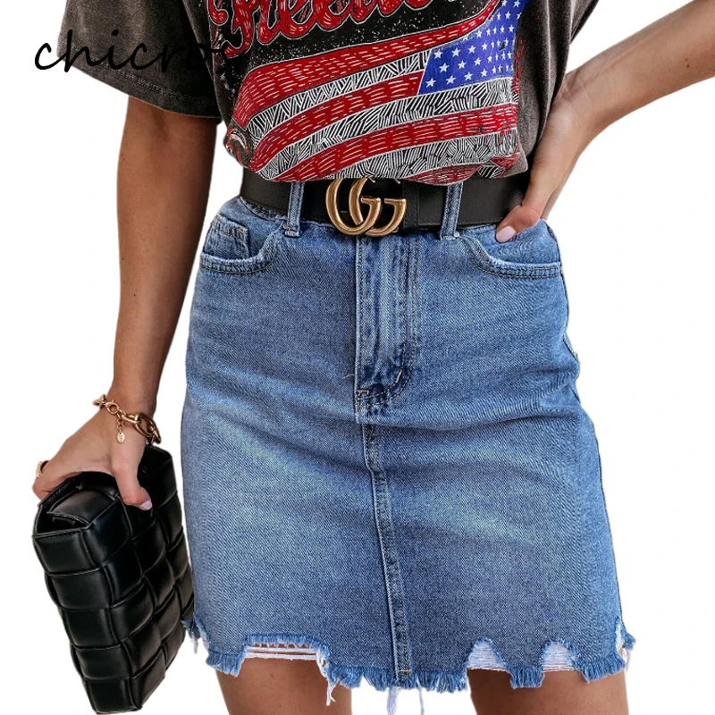 

Chicros Fashion Ripped Fringed Irregular Denim Skirt New Style
