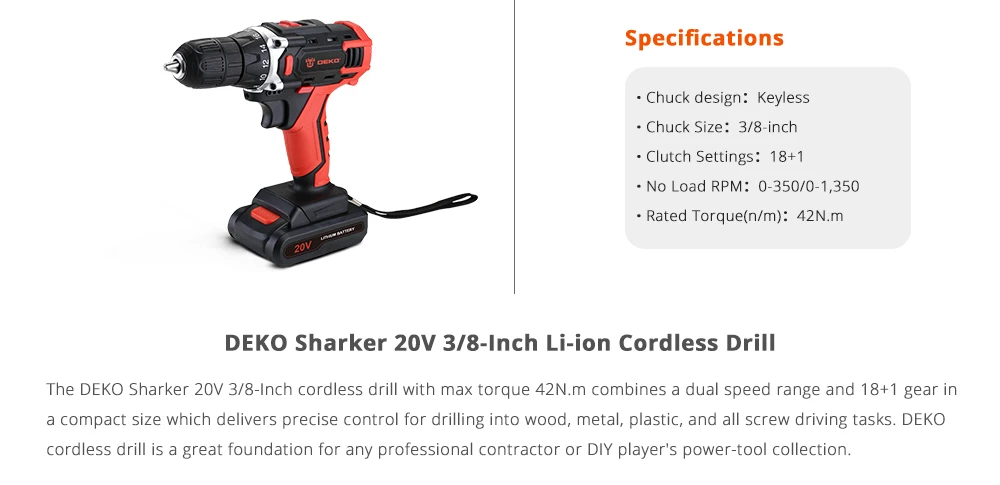 DEKO New Sharker 20 в Беспроводная сверлильная электрическая отвертка мини беспроводной драйвер питания литий-ионный аккумулятор постоянного тока 3/8 дюйма 2 скорости