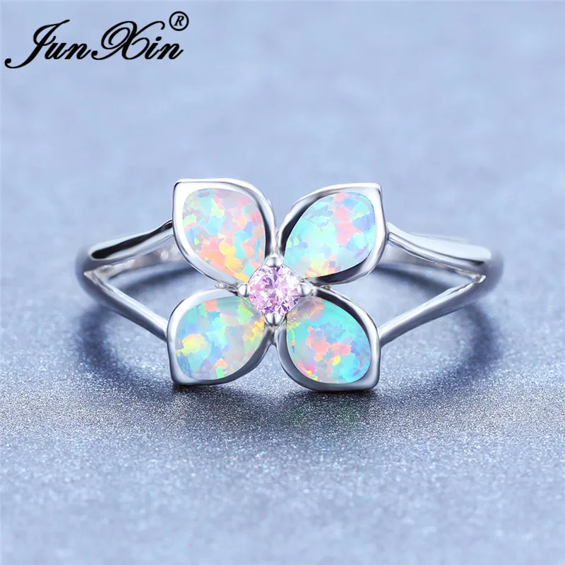 Очарование завод цветок кольцо из белого золота цвет радуги зеленый сине-белые