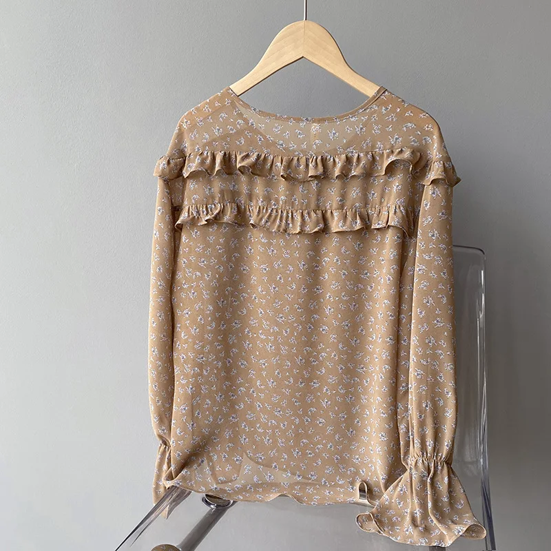 

Belt O-neck Flare Sleeve Casual Shirts Fungus Patchwork Design Loose Women Blouses Japan Style Fresh Sweet Print Chiffon Blusas