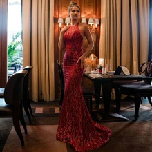 Robe De soirée rouge à col licou, sans manches, à épaules dénudées, en paillettes, robe De bal De forme sirène, 2022  (2)