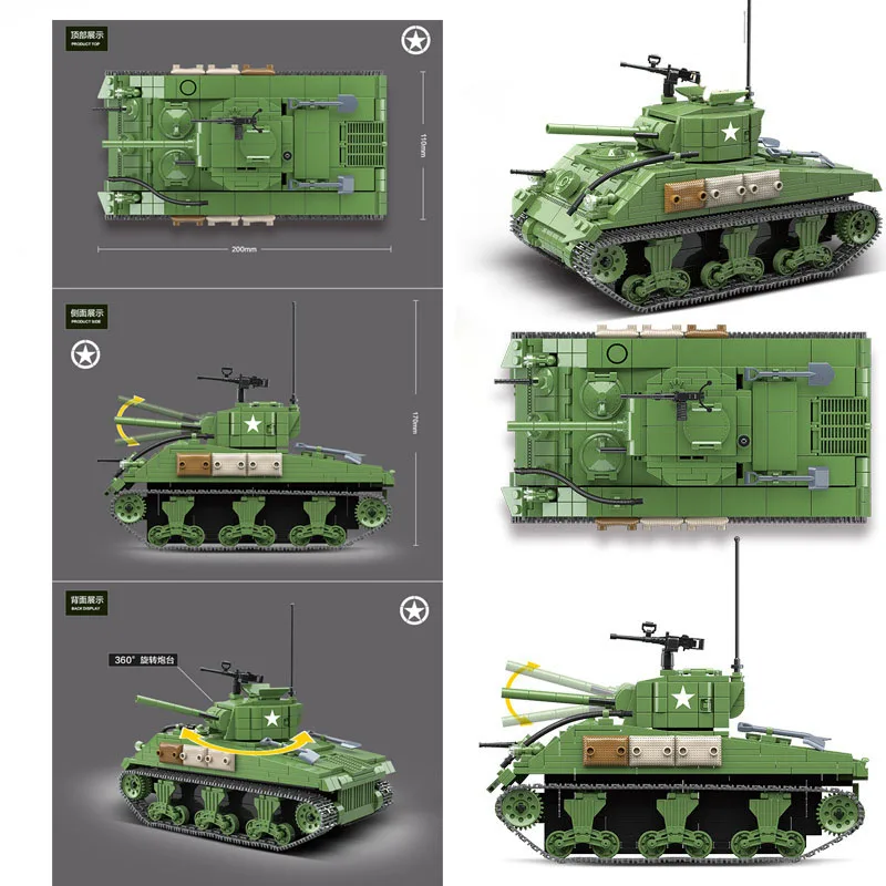 

Военная серия, Вторая мировая война, основной танк армии США, Шерман M4A1, солдатское оружие, модель «сделай сам», строительные блоки, игрушки, ...