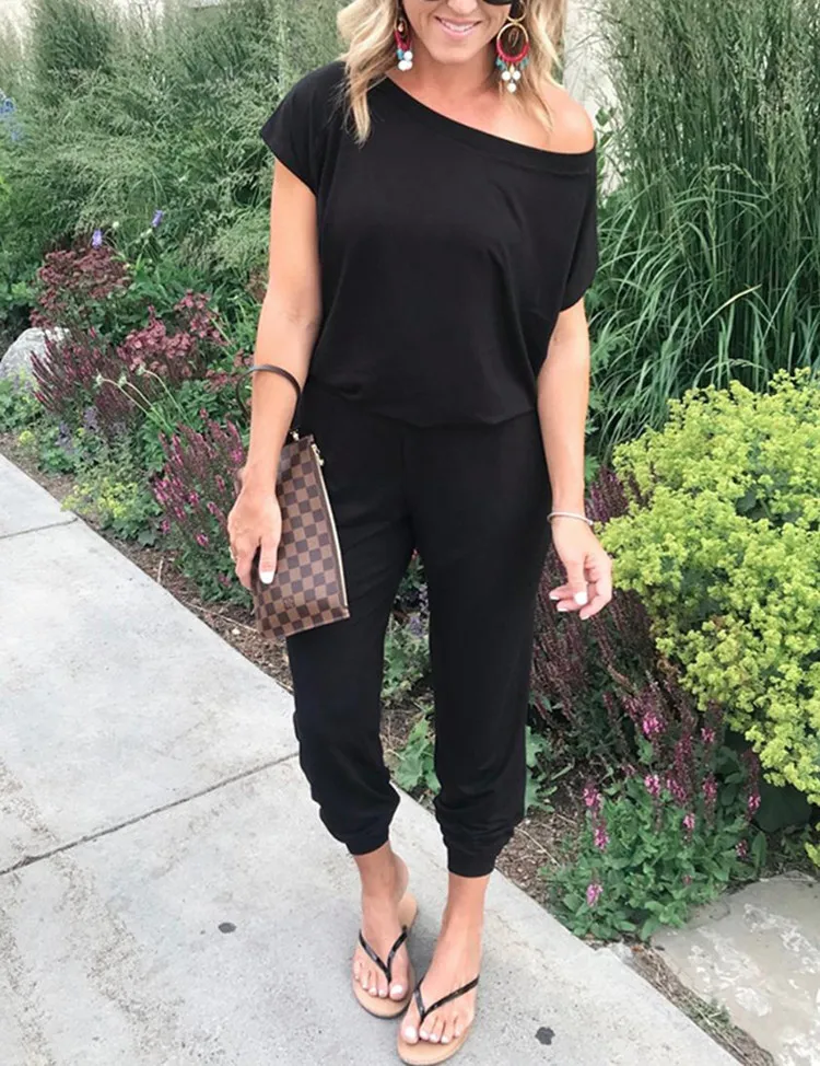 

Summer Women Sexy Off Shoulder Short Sleeve Jumpsuits Solid Casual Slim Overalls For Women Long Romper Female