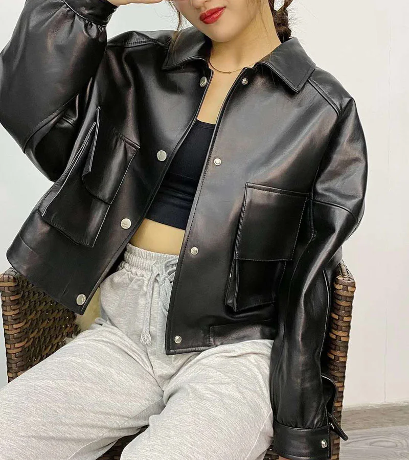 

Женская кожаная куртка с большими карманами SHZQ, зеленое пальто с отложным воротником, новая весенняя куртка из натуральной кожи