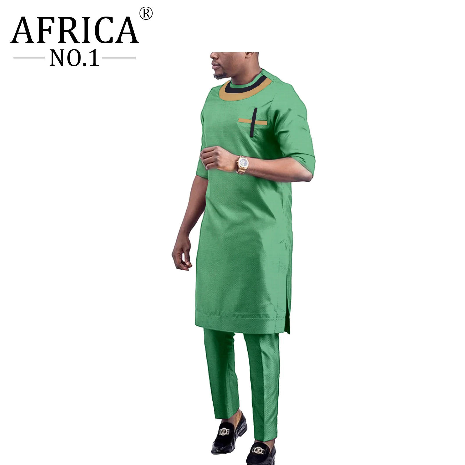African Clothes For Men Rich Bazin Long Sleeve Dashiki Solid Color Crew Neck Robe Traditional Contracted Design Shirts and Pants