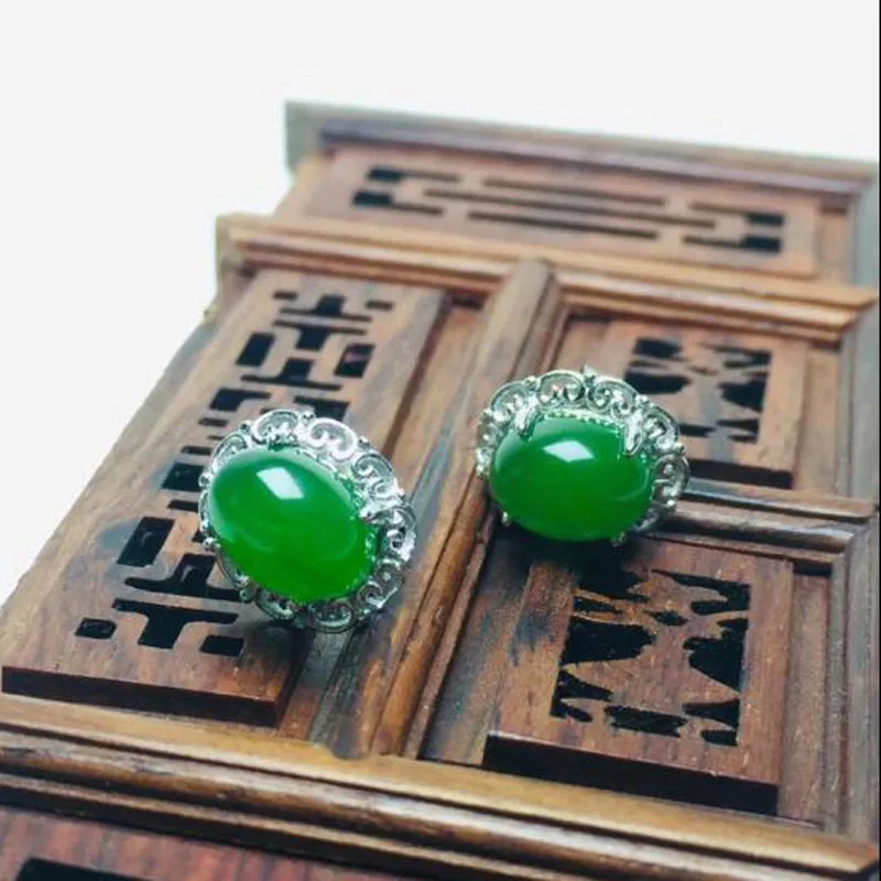 

Natural Hetian Jade 925 Silver Inlaid Jasper Egg Noodle Stud For Women Jewelry Earrings