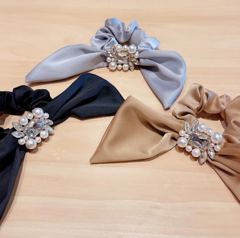 

Luxury Fashion Brand Pearl Satin Scrunchies Streamer All-match Black Grey Champagne Ribbon Bands French Style Hair Accessories