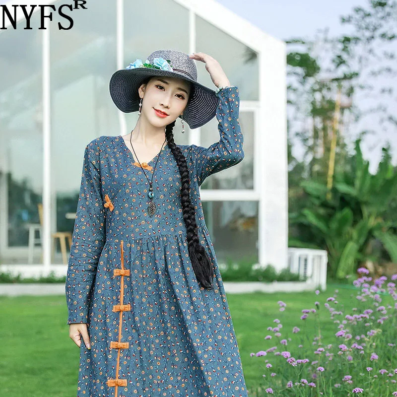 

NYFS 2022 New Spring Autumn Vintage Loose Woman Dress Vestido de mulher Robe Small floral Long Dress