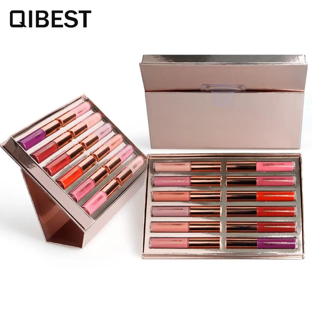 

24 colors QIBEST New makeup sets as gift matte lip gloss set 12pcs matte lip sticks non-stick cup liquid lipstick