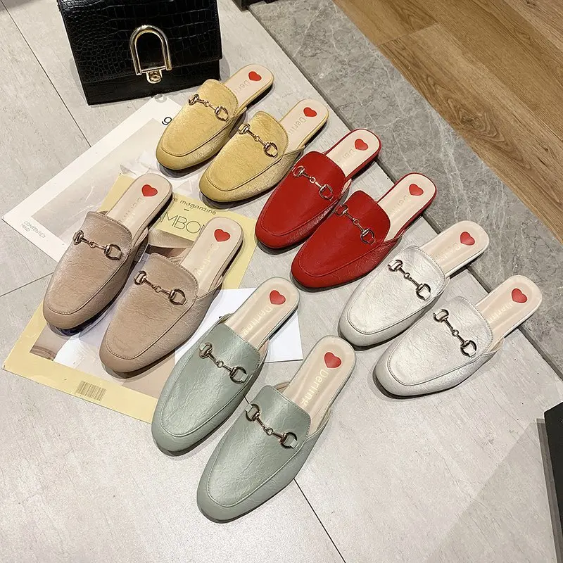 

Fashion Summer Soft Leather Women Slippers Designer Slip on Mules Flat Heel Shoes for Woman 2021 All-match Slides Solid Muller