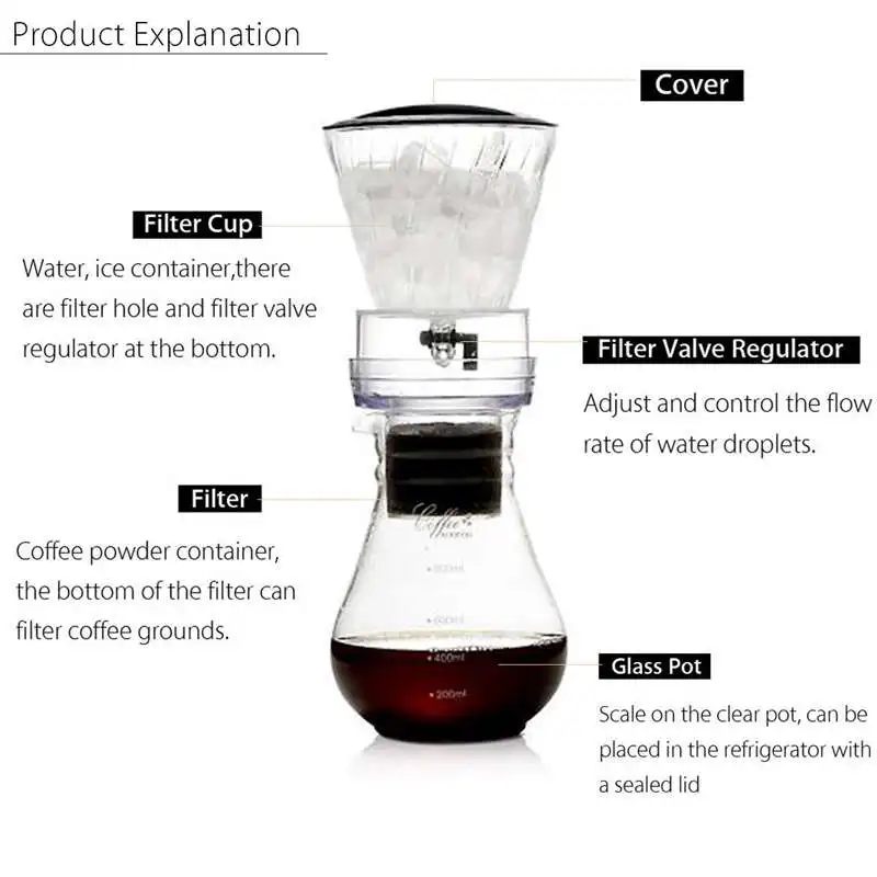 

Glass Cold Ice Water Drip Coffee Maker Brew Pot Dripper Coffeemaker 800Ml